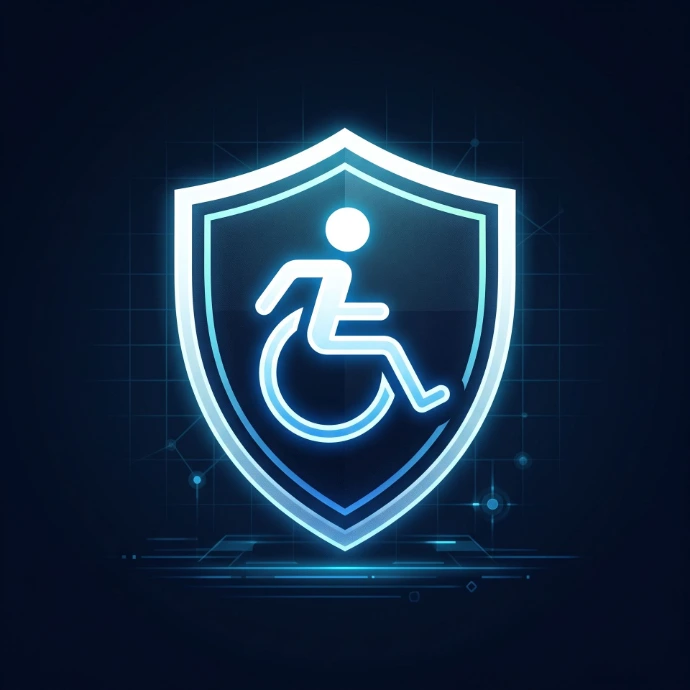 The universal accessibility symbol stylized as a "shield" over a digital interface.