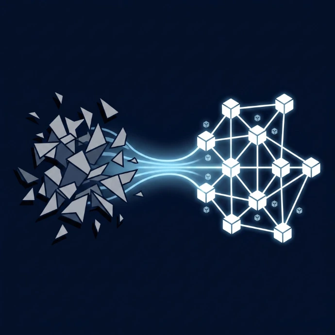 A high-resolution illustration demonstrating the transition from a fragmented "tribal knowledge" directory into a linked Markdown topology. This visual serves as a metaphor for "Knowledge as Code".