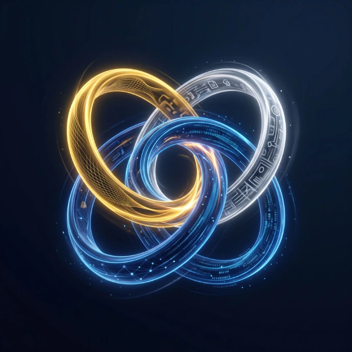 A high-resolution 3D abstract of a "Compliance Kernel" featuring three interlocking rings (Identity, Data, and Policy) forming a protective shield.