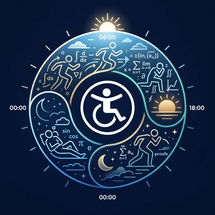 Iconography showing the "Circadian Cycle of Calculus" and the universal accessibility symbol.