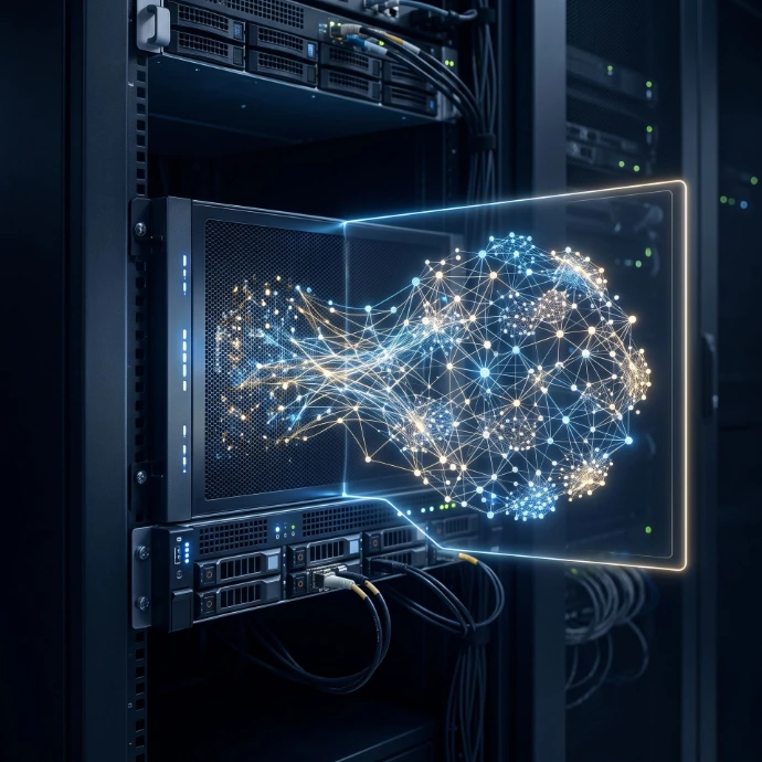 "Knowledge Graph" emerging from a secure server chassis, demonstrating data staying within a local perimeter