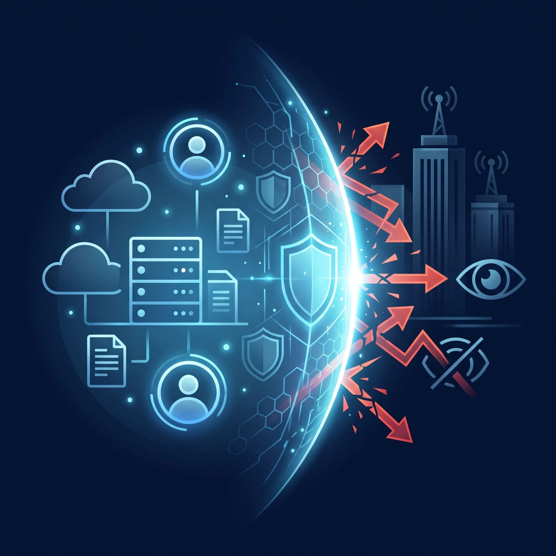 An infographic showing the "Sovereign Shield" as a barrier between local data and foreign acts like the US CLOUD Act or FISA Section 702.

Minimalist, high-level, simple, modern, sleek, no-text, text-free, #010d26 background