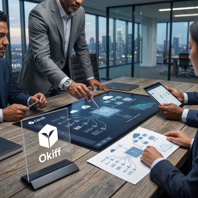 "Okiff Entreprise Licensing Use Case.
Pilot consolidation.
Enterprises that ran early evaluations on the Cloud API and are ready to move to one long-term, predictable-cost deployment instead of scaling usage-based spend indefinitely."

Hyper-realistic, highly detailed, professional corporate, 85mm lens photograph. No text. Text-free.
Okiff logo attached.