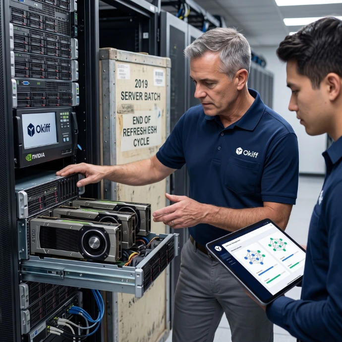 "Okiff Entreprise Licensing Use Case.
Existing hardware investment.
Organizations with GPU or server capacity already in place who want to add AI capability without a new procurement cycle or hardware refresh."

Hyper-realistic, highly detailed, professional corporate, 85mm lens photograph. No text. Text-free.
Okiff logo attached.