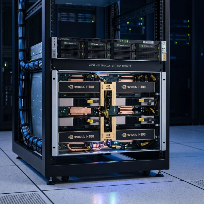 Professional photography of the NVIDIA H100 or RTX 6000 hardware cluster.