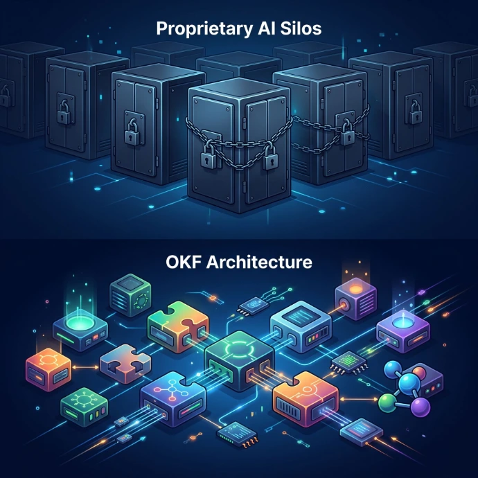 A technical infographic contrasting "Proprietary AI Silos" (locked boxes with closed APIs) with "OKF Architecture" (modular, connecting pieces).
Minimalist, simple, sleek, modern, #010d26 background. No Text. Text-free.