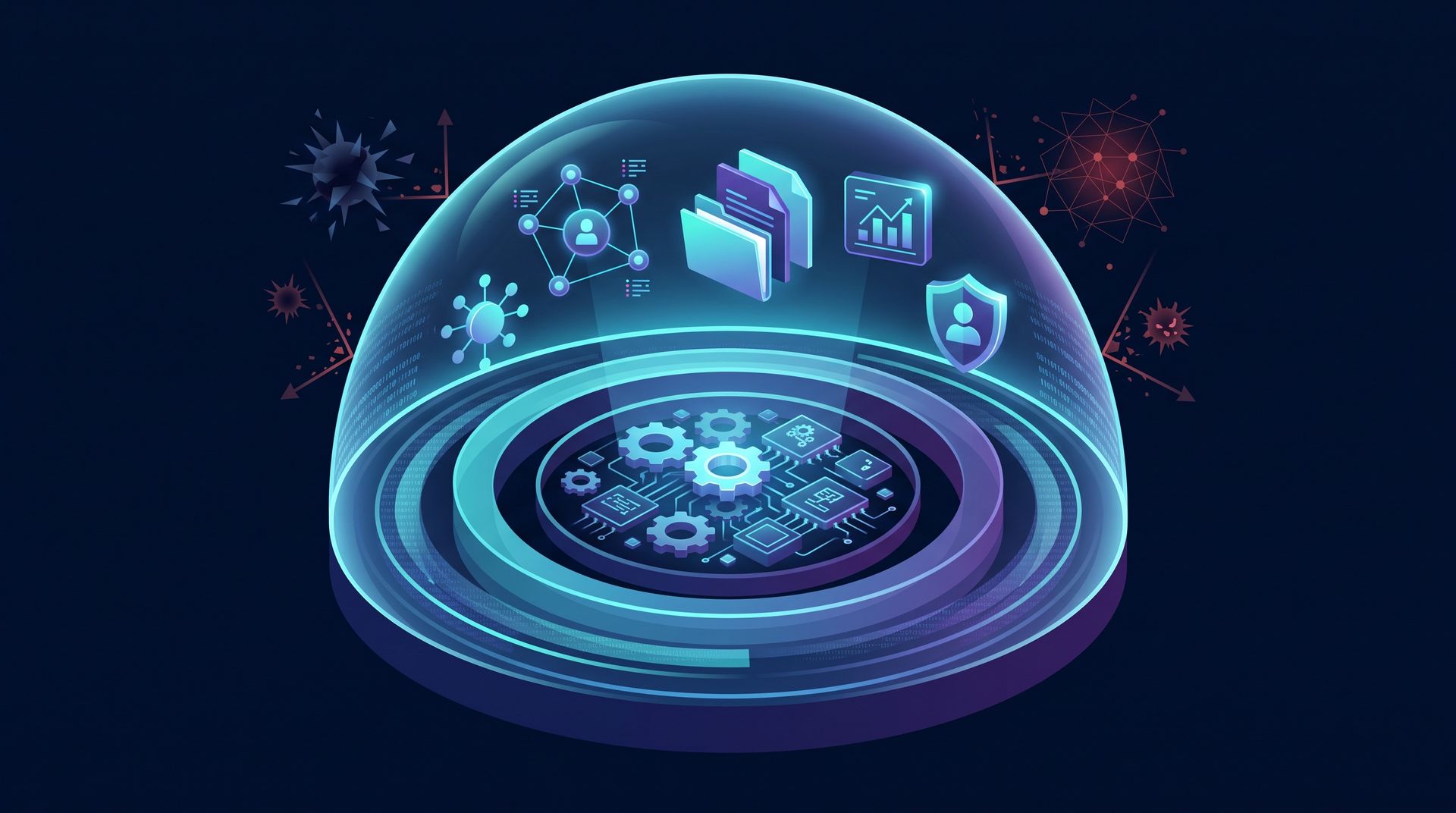 Security-themed graphic showing "Kernel-Level Integration" and the "Immune Local Digital Bubble".
Minimalist, simple, sleek, modern, #010d26 background. No Text. Text-free.