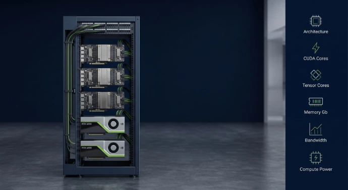 Professional photography of NVIDIA H100 and RTX 6000 hardware clusters with sidebar technical specifications

Minimalist, simple, sleek, modern, #010d26 background. No Text. Text-free.